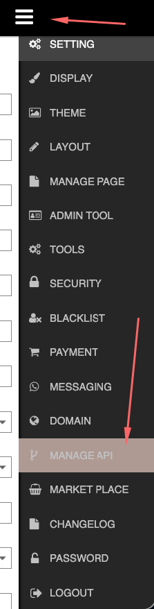 Burger menu with MANAGE API highlighted