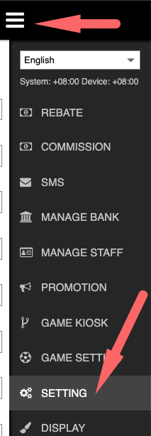 Burger menu with SETTING highlighted